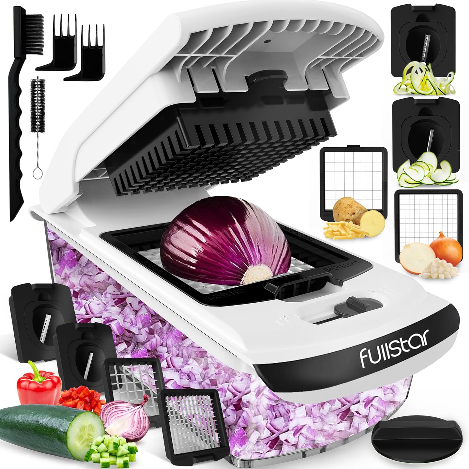 Fullstar Vegetable Chopper - Food Chopper - Onion Chopper - Vegetable Slicer & Spiralizer - Veggie Chopper with Container - Kitchen Gadgets - Home Essentials - Kitchen Accessories (4 in 1, White)